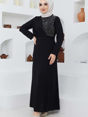 Siyah Boncuk Krep Abiye Elbise Siyah Boncuk Krep Abiye Elbise