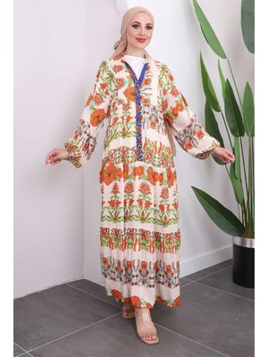 Yeşil Orange Yarım Düğmeli Eteği Katlı Viscon Elbise Yeşil Orange Yarım Düğmeli Eteği Katlı Viscon Elbise