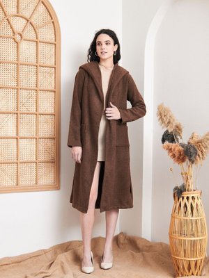 Kahverengi Kaşe Yün Cepli Kapüşonlu Kuşaklı Astarsız Oversize Salaş Uzun Kışlık Kaban Kahverengi Kaşe Yün Cepli Kapüşonlu Kuşaklı Astarsız Oversize Salaş Uzun Kışlık Kaban