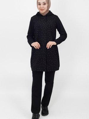 Siyah Taş Detaylı Kapişonlu 2ip Kumaş Takım Siyah Taş Detaylı Kapişonlu 2ip Kumaş Takım