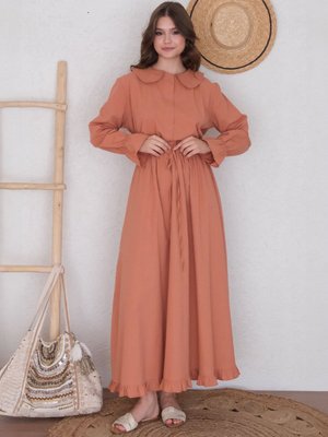 Turuncu Organik Keten Marul Kol Gömlek & Eteği Fırfırlı Etek Takım