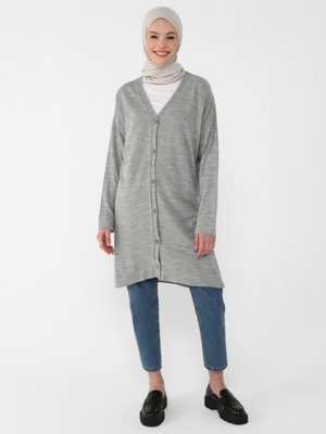 Düğmeli Triko Hırka Gri Melanj
