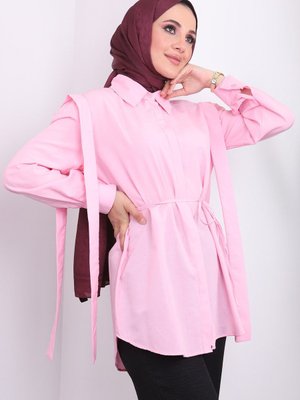 Pembe Yaka Detaylı Bel İpli Gömlek