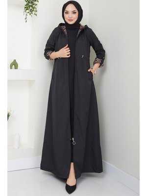 Siyah Kapüşonlu Leopar Uzun Trençkot Siyah Kapüşonlu Leopar Uzun Trençkot