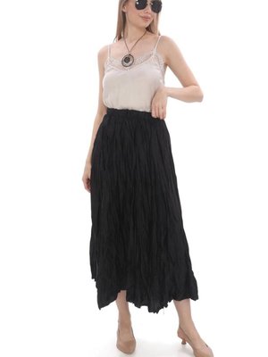 Siyah Beli Lastikli Astarlı Crash Saten Uzun Etek