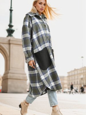 Haki Ekose Desenli Düğmeli Kaban Haki Ekose Desenli Düğmeli Kaban