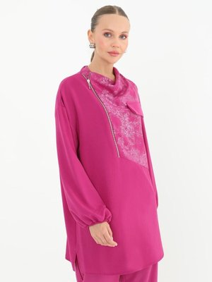 Fuşya Aerobin Kumaş Yaka Fermuar Detaylı İkili Takım