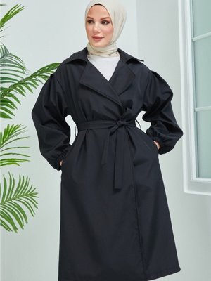 Belden Bağlamalı Siyah Balon Kol Trenç Belden Bağlamalı Siyah Balon Kol Trenç