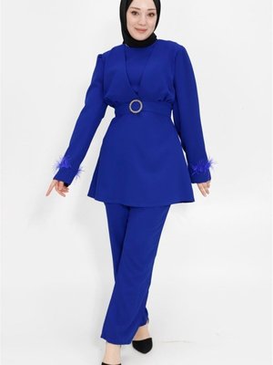 Saks Kemeri Taşlı Krep Kumaş İkili Takım Saks Kemeri Taşlı Krep Kumaş İkili Takım