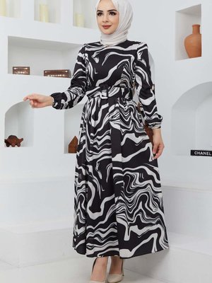 Siyah Gonca Saten Elbise