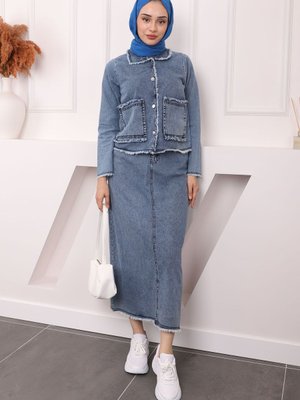 Mavi Püskül Detaylı Ceket Etek Kot Takım