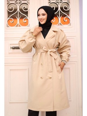 Bej Omzu Pileli Detaylı Trençkot Bej Omzu Pileli Detaylı Trençkot