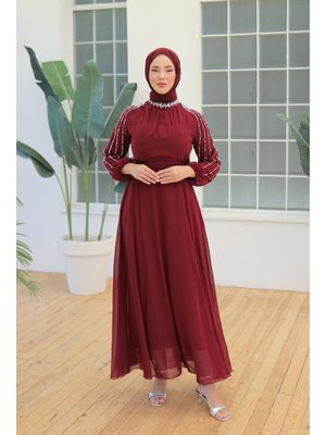 Bordo Peren Şifon Abiye Elbise Bordo Peren Şifon Abiye Elbise