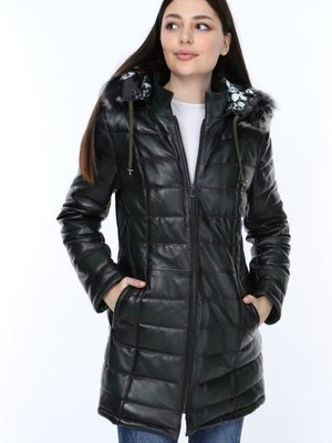 Siyah Hakiki Deri Yaka Kürklü Uzun Mont