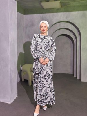 Siyah Desenli Kemerli Elbise Siyah Desenli Kemerli Elbise