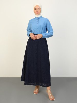 Lacivert Dantel Kumaş Beli Lastikli Etek