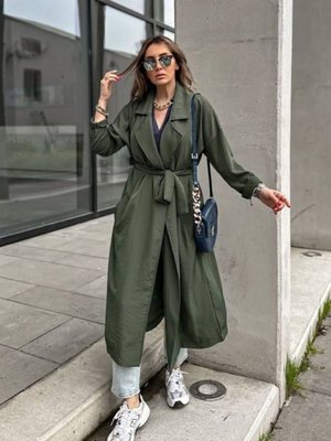 Haki Ürün İnce Salaş Kemerli Cepli Düğmeli Yumuşak Dokulu Uzun Hırka Trençkot Haki Ürün İnce Salaş Kemerli Cepli Düğmeli Yumuşak Dokulu Uzun Hırka Trençkot