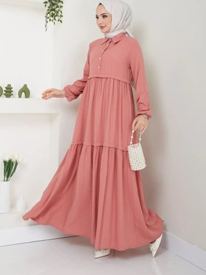 Pudra Viskon Kumaş Yaka Gömlek Elbise