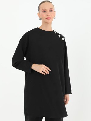 Siyah Aerobin Kumaş Omuzu Düğme Detaylı İkili Takım