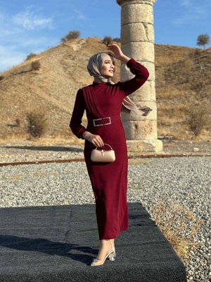 Bordo Hilal Krep Abiye Elbise Bordo Hilal Krep Abiye Elbise