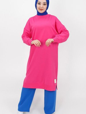 Fuşya İp Kumaş Uzun Boy Basic Sweatshirt