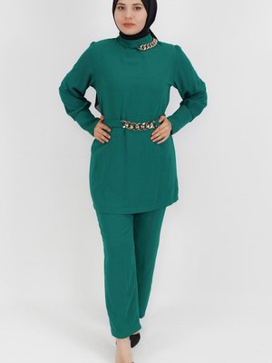 Yeşik Scuba Krep Kumaş Zincir Detaylı 2li Takım Yeşik Scuba Krep Kumaş Zincir Detaylı 2li Takım