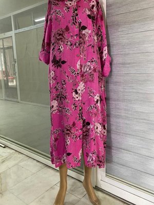 Pembe İtalyan Yaka Uzun Kol Dijital Baskılı Keten Gömlek Elbise