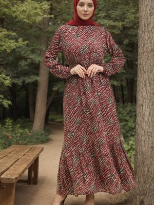 Kırmızı Viskon Desenli Kuşaklı Elbise Kırmızı Viskon Desenli Kuşaklı Elbise