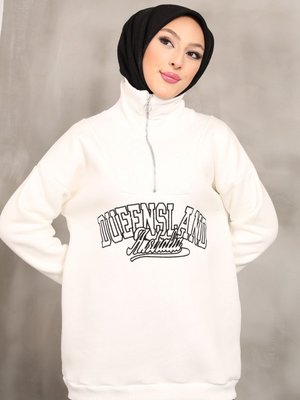 Krem Yaka Fermuarlı Üç İplik Şardonlu Sweatshirt Krem Yaka Fermuarlı Üç İplik Şardonlu Sweatshirt