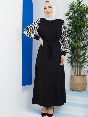 Siyah Uzun Boy Zebra Desenli Elbise