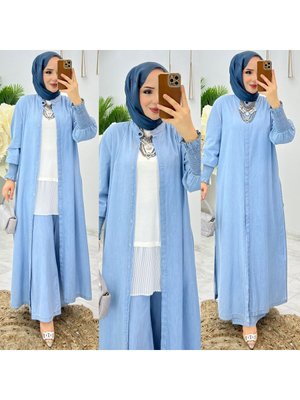 Yazlık Pantolon Ve Tam Boy Kap Tiril İkili Yırtmaçlı Kot Takım