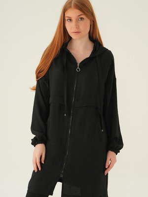 Kapüşonlu Kısa Kap Siyah