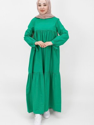 Yeşil Kolu Bağlama Detaylı Salaş Elbise Yeşil Kolu Bağlama Detaylı Salaş Elbise