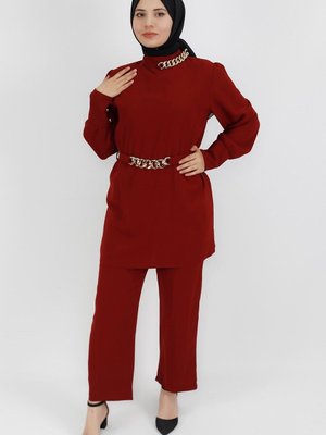 Bordo Scuba Krep Kumaş Zincir Detaylı 2li Takım Bordo Scuba Krep Kumaş Zincir Detaylı 2li Takım