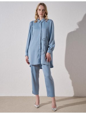 Düğme Detaylı Jakarlı Havuç Pantolon Deniz Buzu