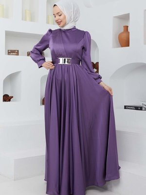 Lila Ayna Saten Abiye Elbise