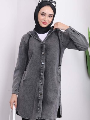 Antrasit Kapüşonlu Cepli Yırtmaçlı Kot Ceket