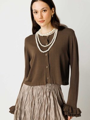 Volanlı Midi Boy Hırka Koyu Kahve