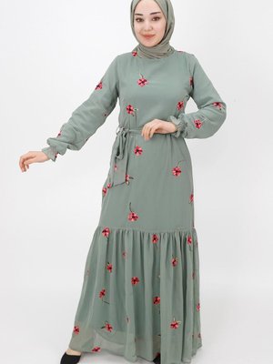 Çağla Nakış Modelli Şifon Kumaş Elbise Çağla Nakış Modelli Şifon Kumaş Elbise