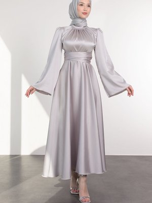 İspanyol Kol Beli Dolamalı Saten Abiye Elbise