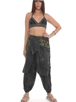 Antrasit Hint Otantik Yıkamalı Taşlanmış Kapaklı Şalvar Pantolon