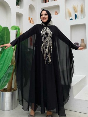 Pul Payet İşlemeli Şifon Pelerinli Abiye Elbiseli Takım Siyah