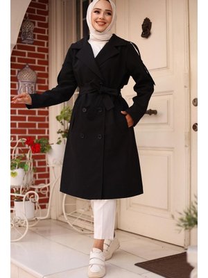 Siyah Omuzu Apolet Detaylı Trençkot Siyah Omuzu Apolet Detaylı Trençkot