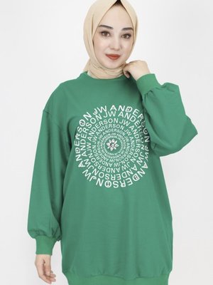 Yeşil İp Kumaş Nakış Yazı Ve Taş Detaylı Sweatshirt Yeşil İp Kumaş Nakış Yazı Ve Taş Detaylı Sweatshirt