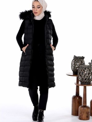 Kapüşonlu Kürklü Şişme Yelek Siyah