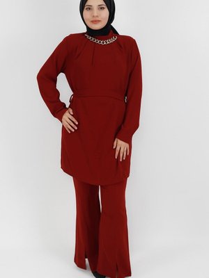 Bordo Scuba Krep Kumaş Yaka Zincir Detaylı 2li Takım Bordo Scuba Krep Kumaş Yaka Zincir Detaylı 2li Takım