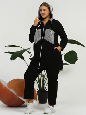 File Detaylı Kapüşonlu Büyük Beden İkili Eşofman Takımı Lacivert