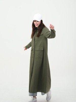 Uzun Keten Trençkot Yeşil