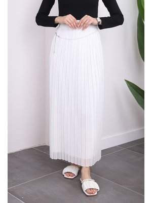 Beyaz Piliseli Şifon Etek