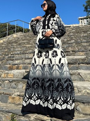 Siyah Füme %100 Viskon Desenli Oversize Yazlık Elbise